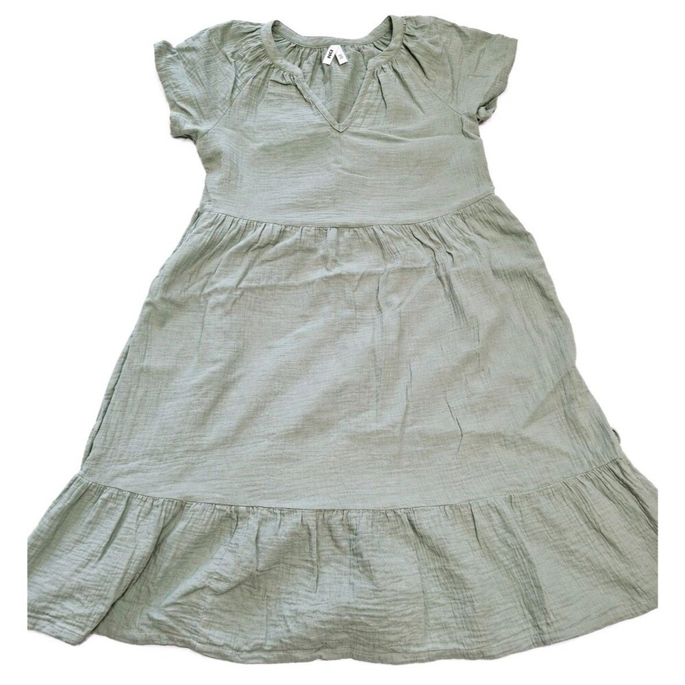 Pact Dress Womens XS Sage Green Organic Cotton Gauze Short Sleeve Tie Waist